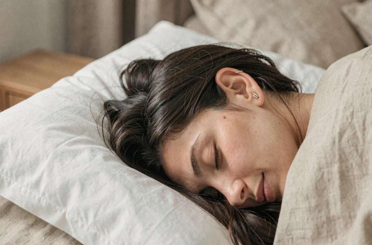 Jeune femme allongée dans son lit avec un piercing conch en argent à l'oreille, illustrant les bienfaits supposés du piercing pour le sommeil