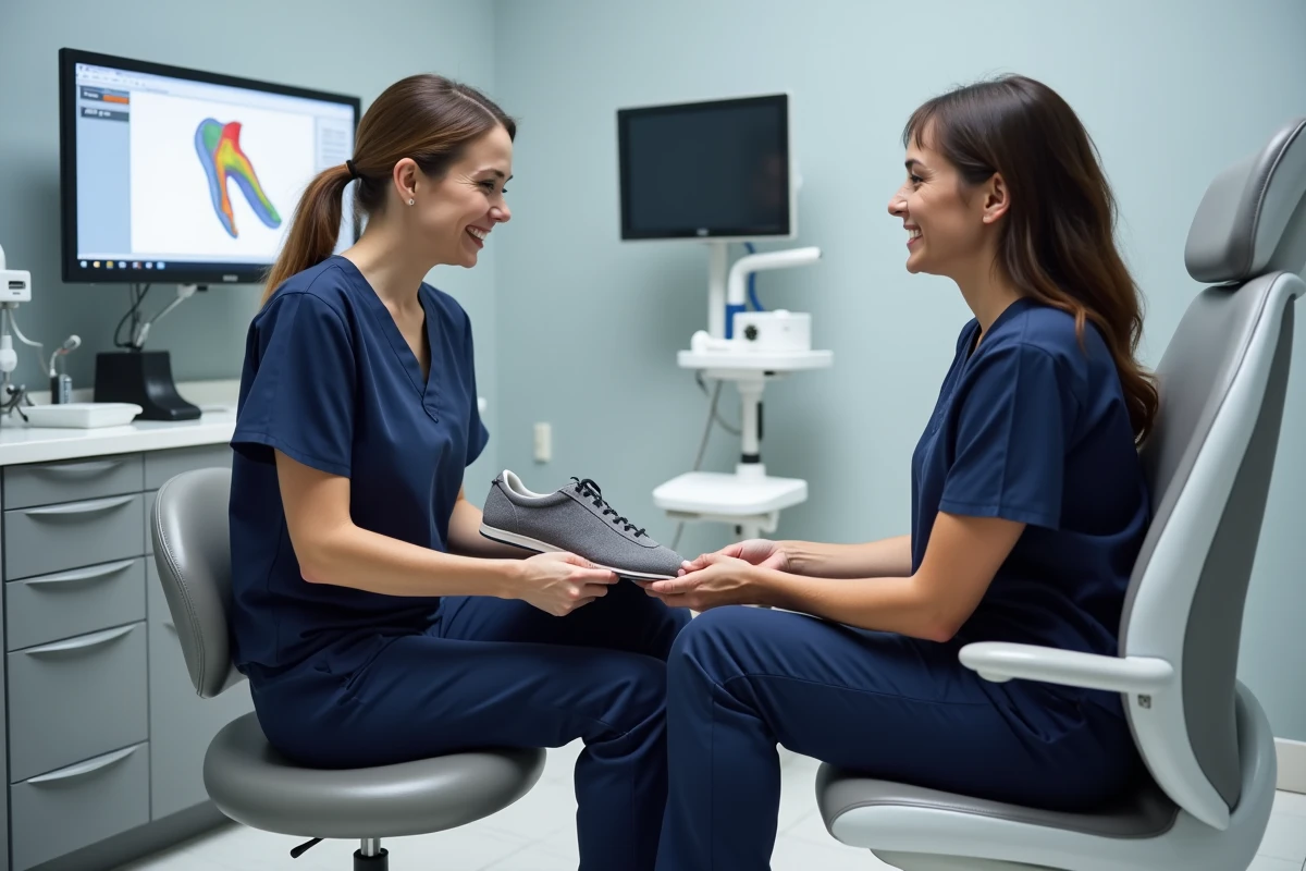 Podologue ajustant une semelle orthopédique sur mesure pour soulager une épine calcanéenne en cabinet de podologie