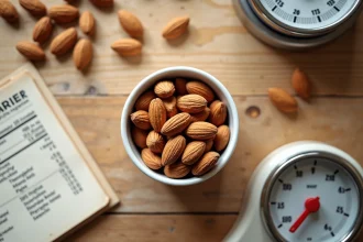 Portion de 23 amandes entières dans un ramequin blanc posé sur une balance de cuisine, vue de dessus sur table en bois clair