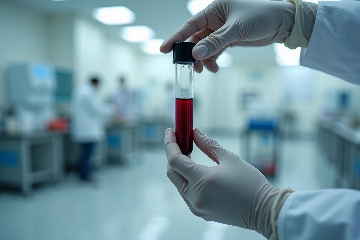 Technicien de laboratoire tenant un tube de prélèvement sanguin pour analyse hématologique