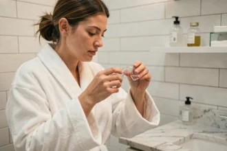 Femme préparant un sérum physiologique maison dans une salle de bain moderne propre