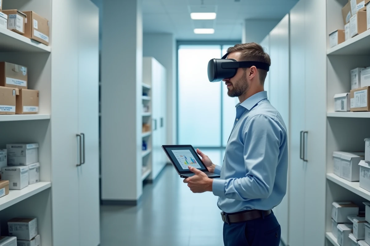 Professionnel de santé comparant les options d'achat et de location d'un casque VR thérapeutique dans une salle médicale
