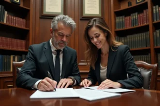 Deux professionnels en réunion dans un bureau traditionnel