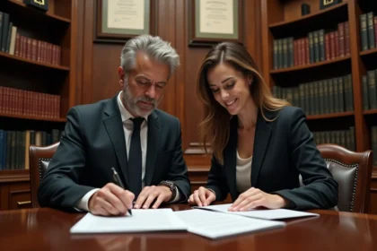 Deux professionnels en réunion dans un bureau traditionnel