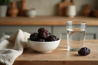Bol de pruneaux secs posé sur une table en bois dans une cuisine, illustrant la consommation de pruneaux le soir
