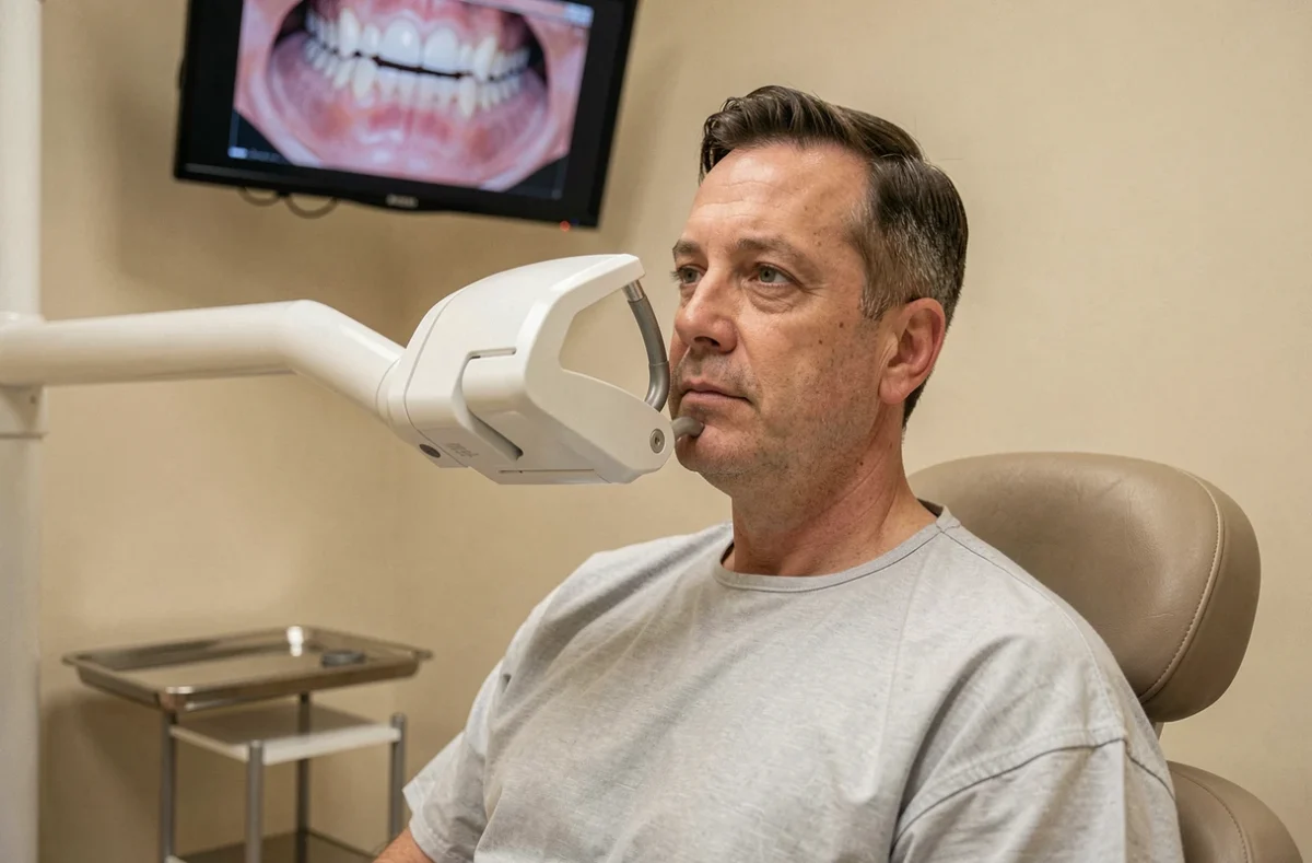 Patient adulte en cabinet dentaire lors d'une radiographie dentaire panoramique avec appareil radiologique positionné près de la mâchoire