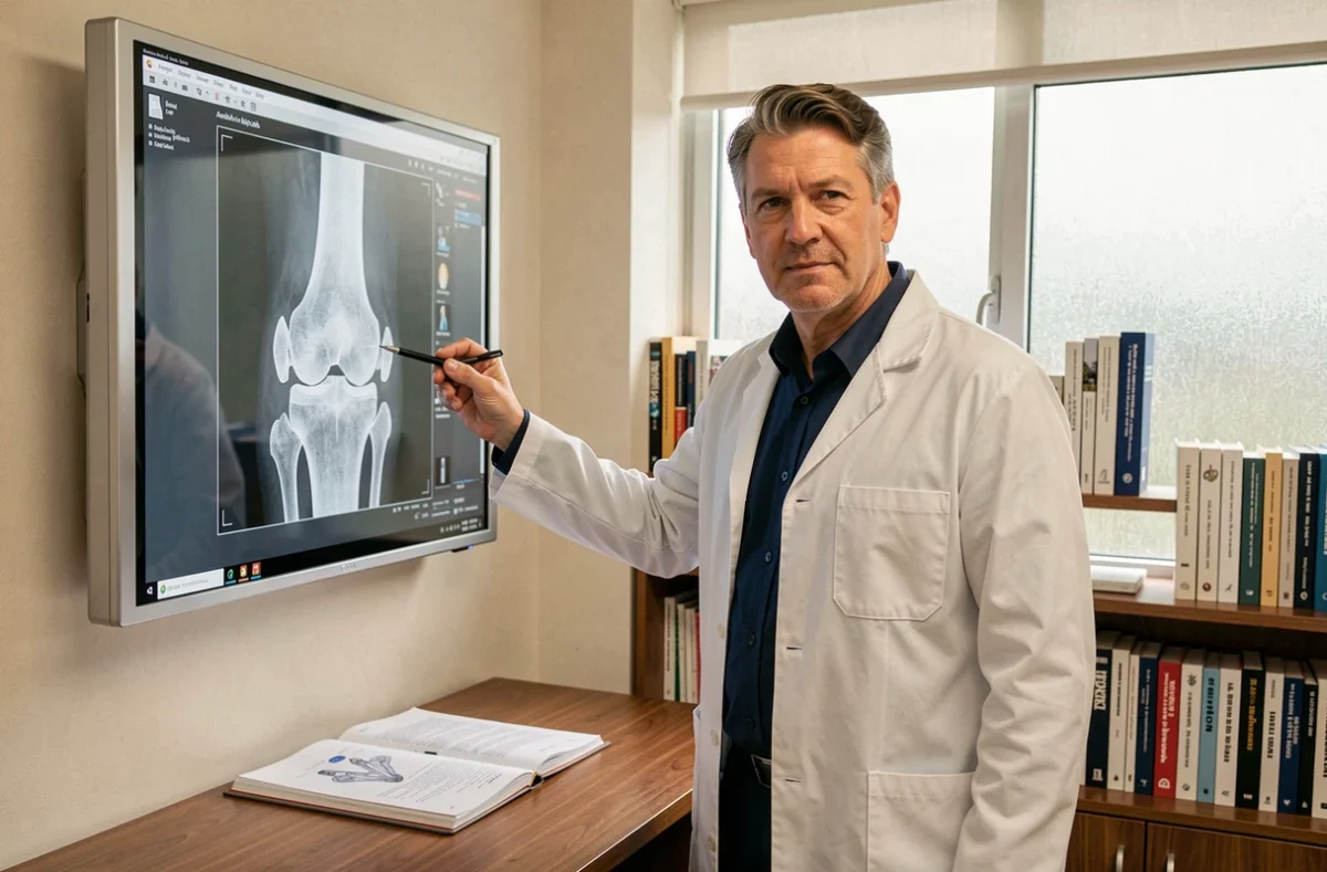 Médecin orthopédiste analysant une radiographie osseuse d'un genou sur un négatoscope dans son cabinet de consultation