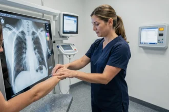 Technicienne en radiologie positionnant une patiente devant un panneau numérique pour une radiographie pulmonaire dans un cabinet médical moderne