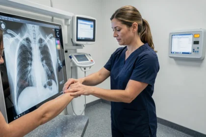 Technicienne en radiologie positionnant une patiente devant un panneau numérique pour une radiographie pulmonaire dans un cabinet médical moderne