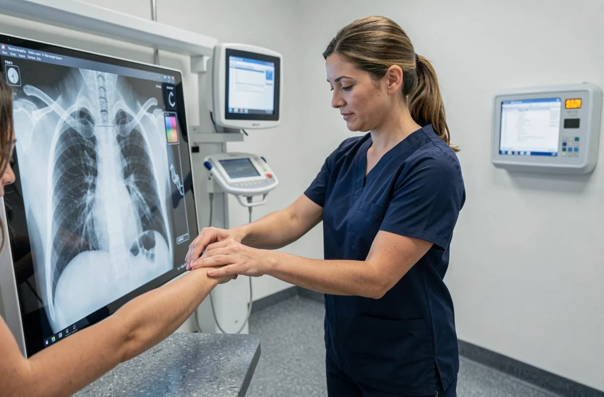 Technicienne en radiologie positionnant une patiente devant un panneau numérique pour une radiographie pulmonaire dans un cabinet médical moderne