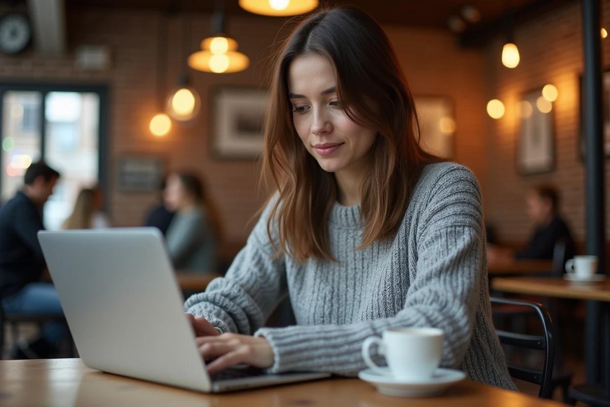 Jeune femme effectuant une recherche approfondie sur les avis et critiques d'un programme en ligne dans un café urbain