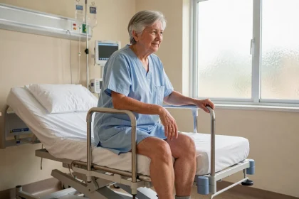 Patiente âgée assise sur un lit d'hôpital en cours de récupération après une fracture du bassin