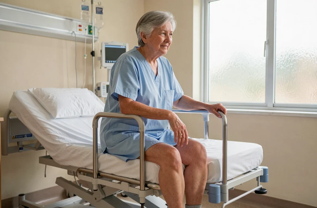 Patiente âgée assise sur un lit d'hôpital en cours de récupération après une fracture du bassin