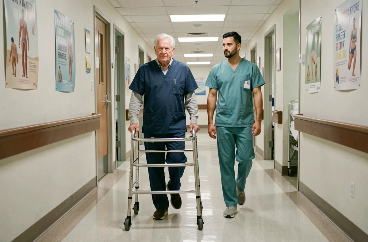 Homme âgé marchant avec un déambulateur accompagné d'un kinésithérapeute lors de sa rééducation après fracture du bassin