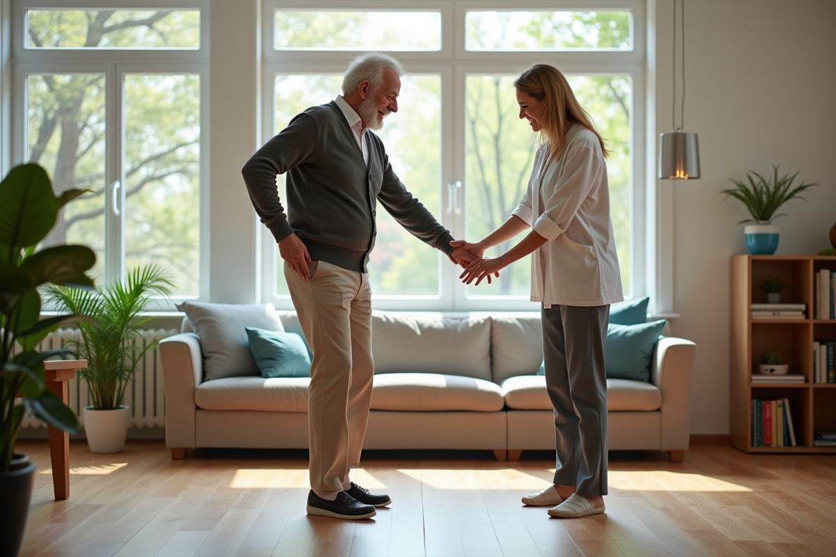 Homme âgé pratique des exercices avec un physiothérapeute dans un salon