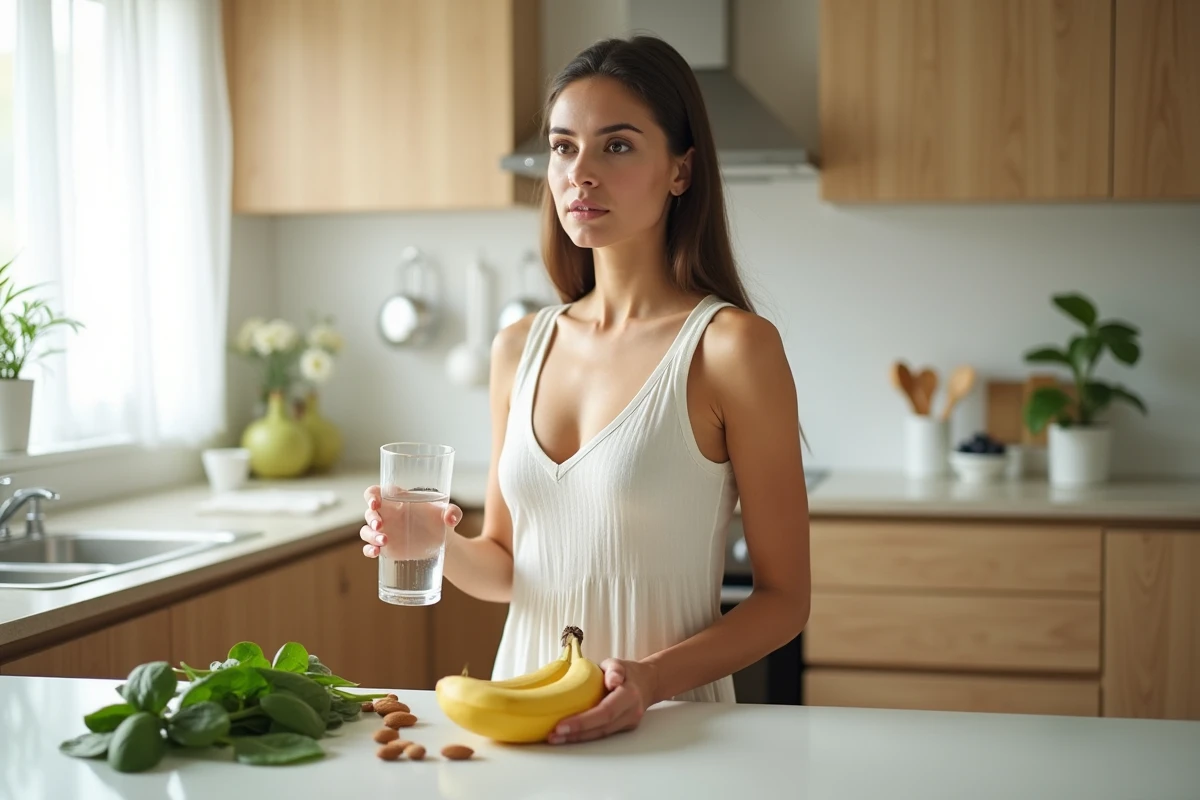 Femme dans une cuisine tenant un verre d'eau avec des aliments riches en magnésium pour prévenir les muscles qui tressautent