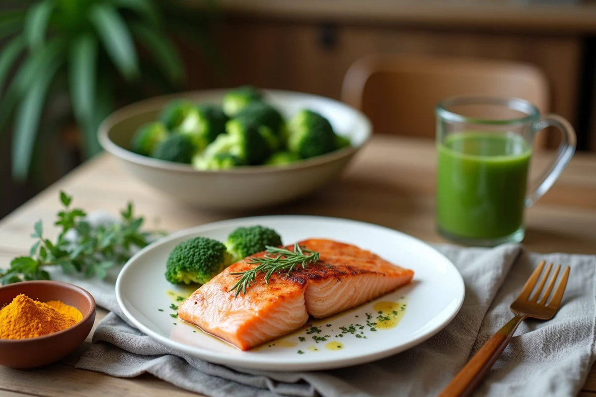 Repas sain et détoxifiant à base de légumes et saumon pour réduire les transaminases après les excès des fêtes