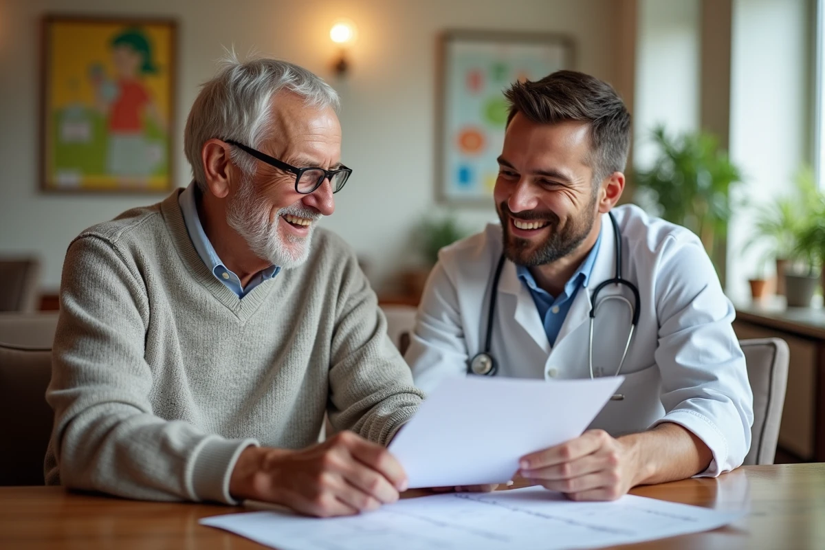 Résident âgé en conversation avec un infirmier dans un salon