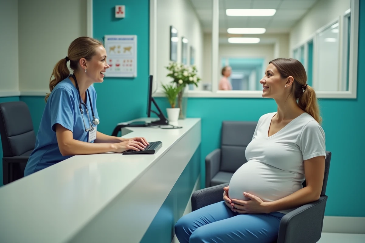 Sage-femme au téléphone guidant une femme enceinte à la maternité suite à la rupture de la poche des eaux