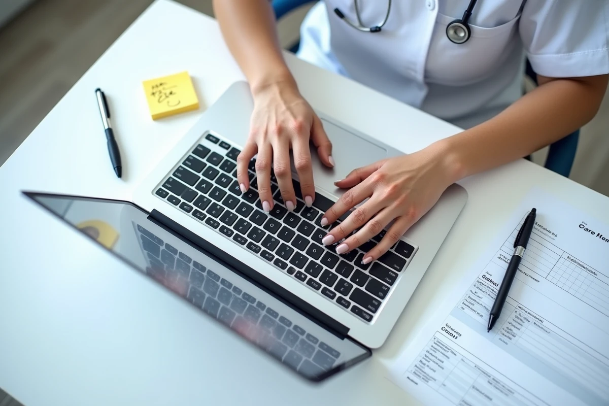 Mains d'une soignante saisissant un plan de soins personnalisé dans un logiciel de suivi résident sur ordinateur portable