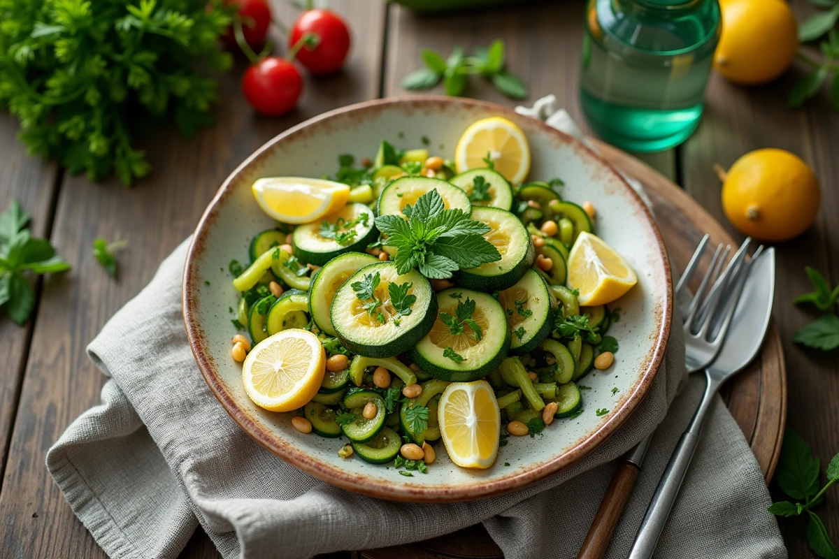 Salade de zucchini fraîche dans un plat en extérieur