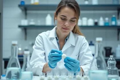 Scientifique en laboratoire tenant une perle de céramique pour analyse de l'eau du robinet