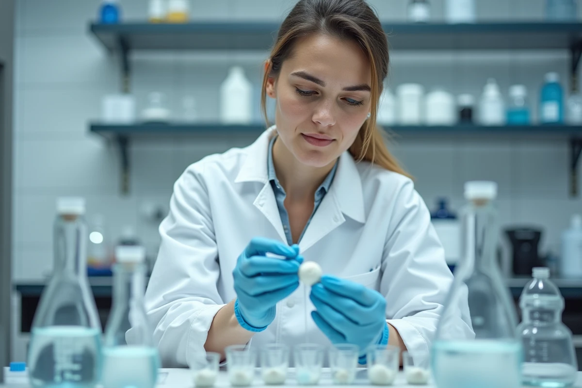 Scientifique en laboratoire tenant une perle de céramique pour analyse de l'eau du robinet