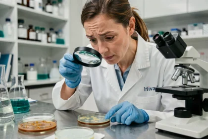 Scientifique en blouse blanche examinant des cultures bactériennes dans un laboratoire de microbiologie moderne