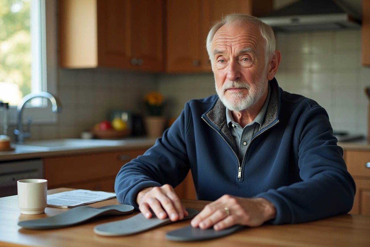 Homme âgé comparant des semelles orthopédiques à domicile pour soulager une bursite de l'orteil, avec gel anti-inflammatoire sur la table