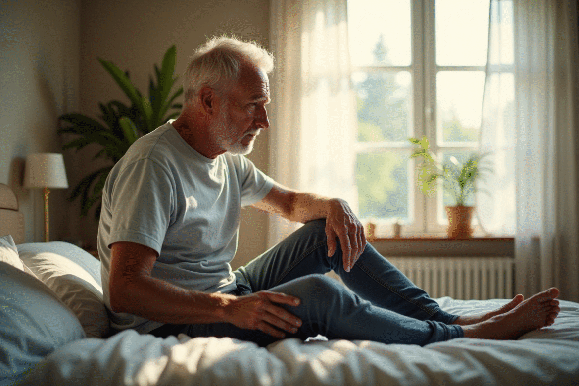 Homme senior assis sur le lit regardant inquiet