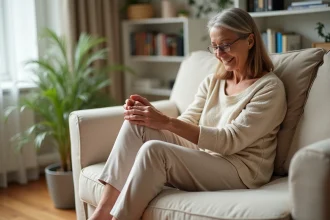 Femme détendue appliquant crème sur ses pieds dans un salon lumineux