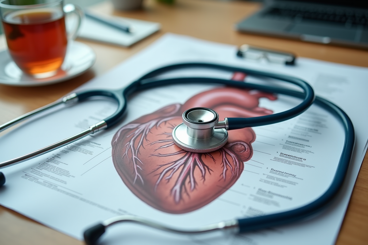 Stéthoscope sur une illustration détaillée du coeur humain