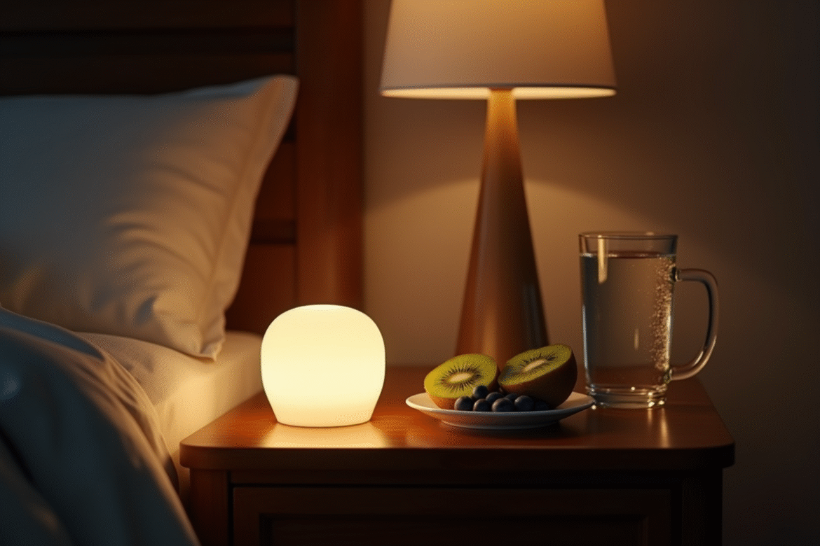 Table de nuit avec kiwi et bleuets dans une chambre chaleureuse