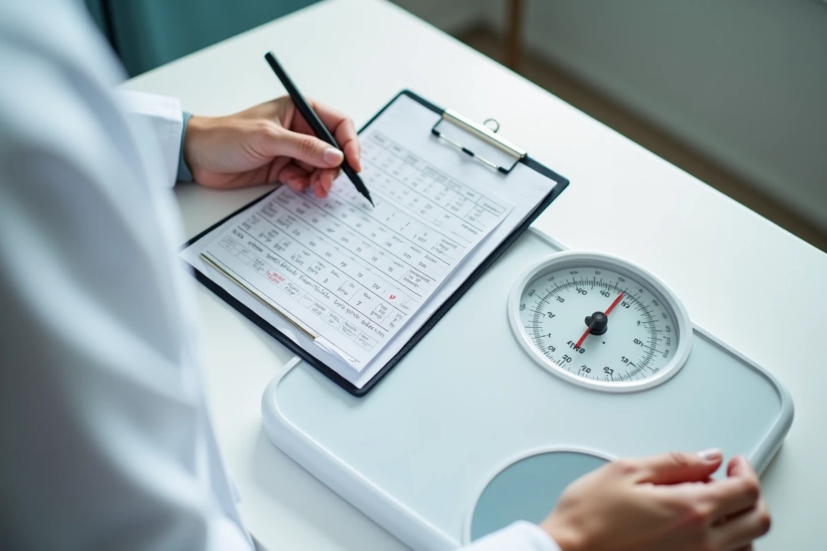 Tableau médical reliant le poids corporel et l'âge au volume de sang en litres sur une table d'examen