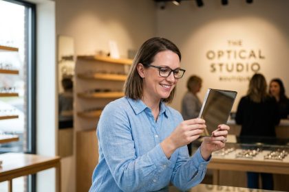 Femme essayant des lunettes chez un opticien avec tiers payant pour éviter l'avance de frais