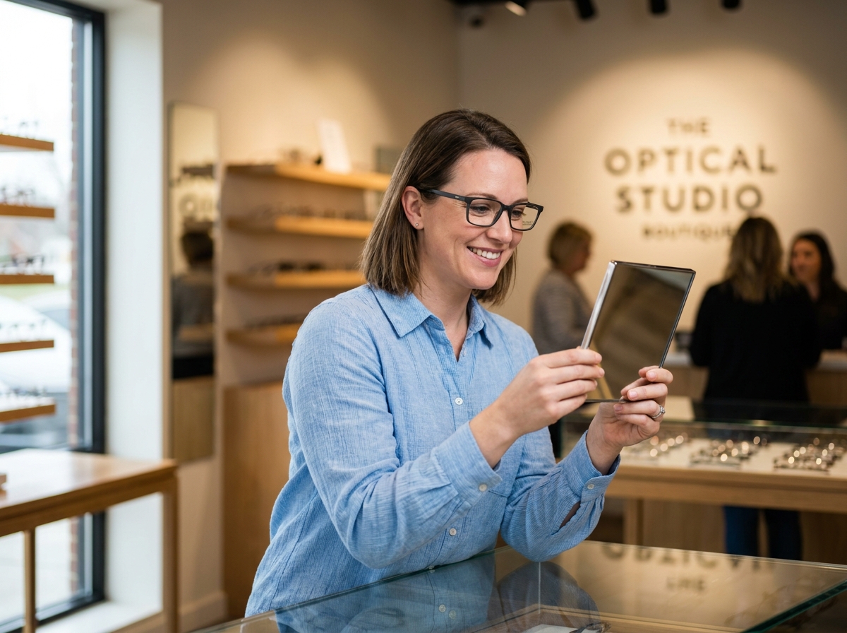 Femme essayant des lunettes chez un opticien avec tiers payant pour éviter l'avance de frais
