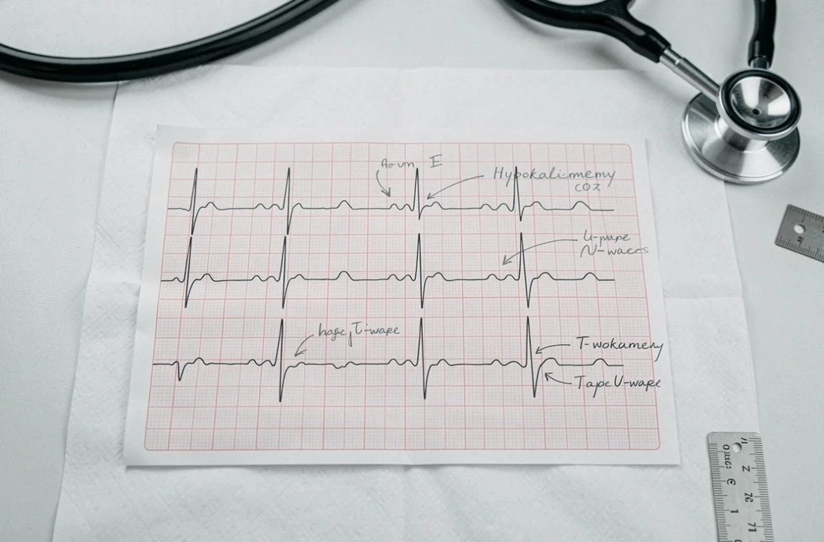 Gros plan d'un tracé ECG imprimé montrant les signes typiques de l'hypokaliémie avec annotations médicales manuscrites