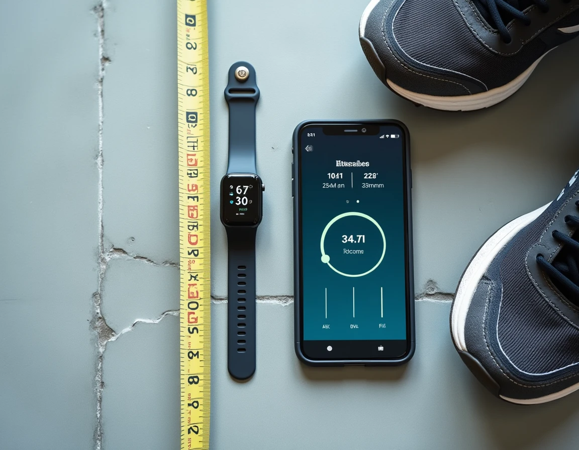 Vue en plongée d'un tracker d'activité, d'un ruban de mesure et d'une application mobile illustrant les erreurs de conversion de pas en kilomètres