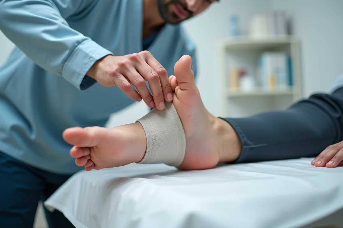 Physiothérapeute appliquant un bandage compressif sur l'orteil enflé d'un patient pour traiter une bursite du pied