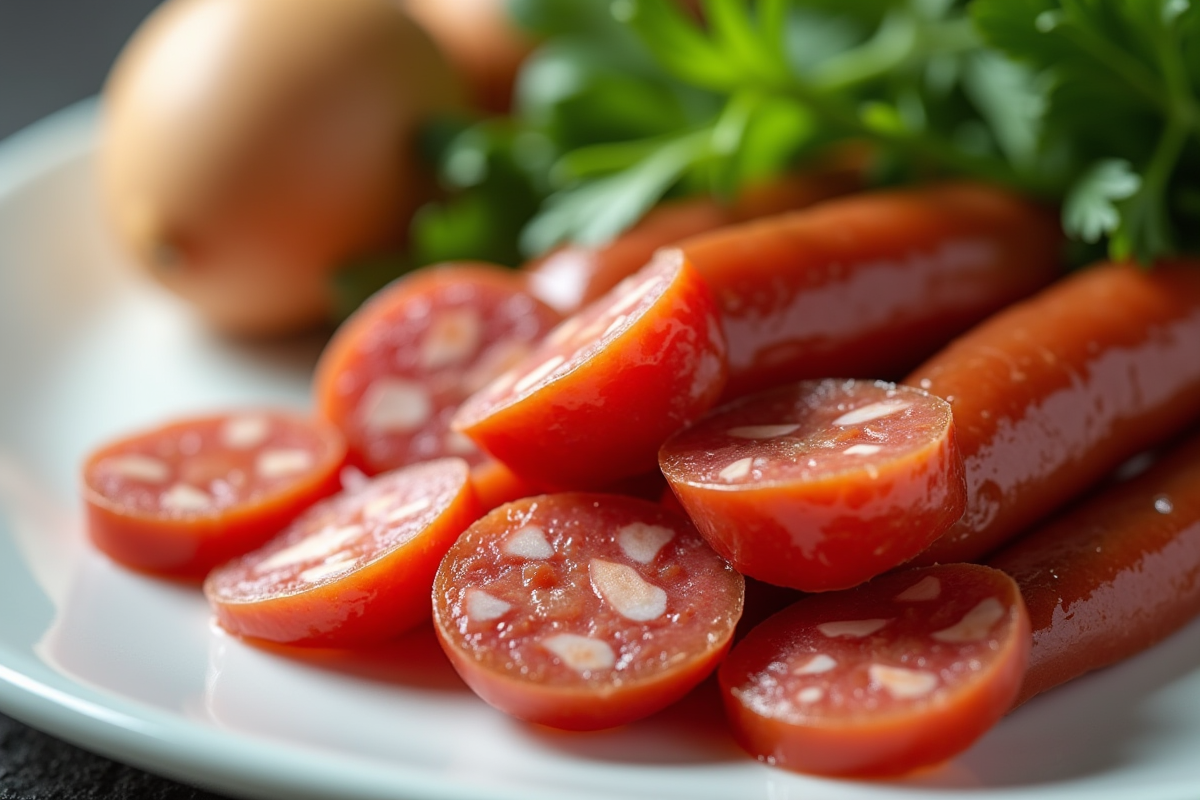 Tranches de chorizo sur une assiette blanche avec des herbes