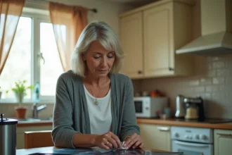 Femme triant de vieilles radiographies médicales sur une table de cuisine en bois pour les recycler sans polluer