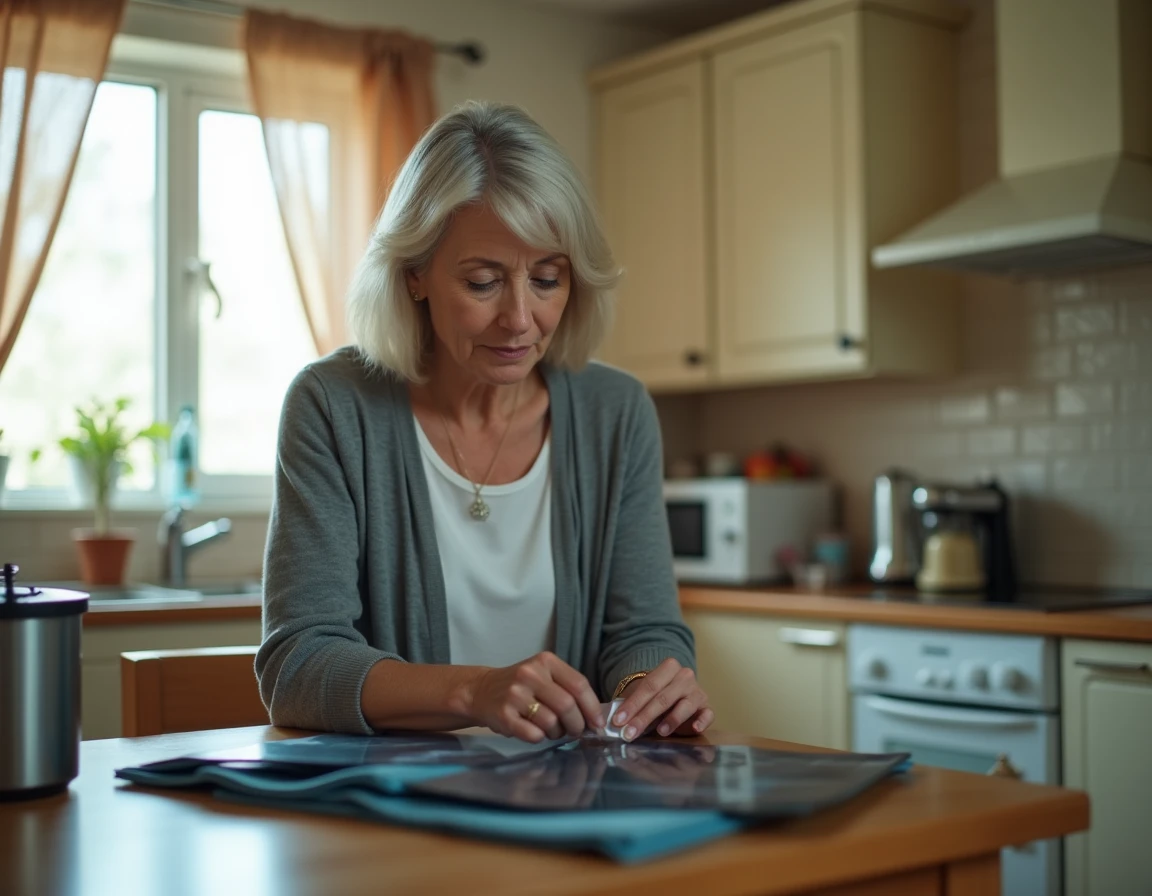 Femme triant de vieilles radiographies médicales sur une table de cuisine en bois pour les recycler sans polluer