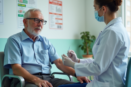 Homme age se faisant vacciner en clinique