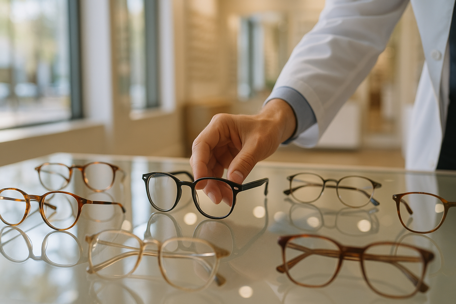 Gros plan sur des verres de lunettes sur un comptoir avec un opticien ajustant une paire