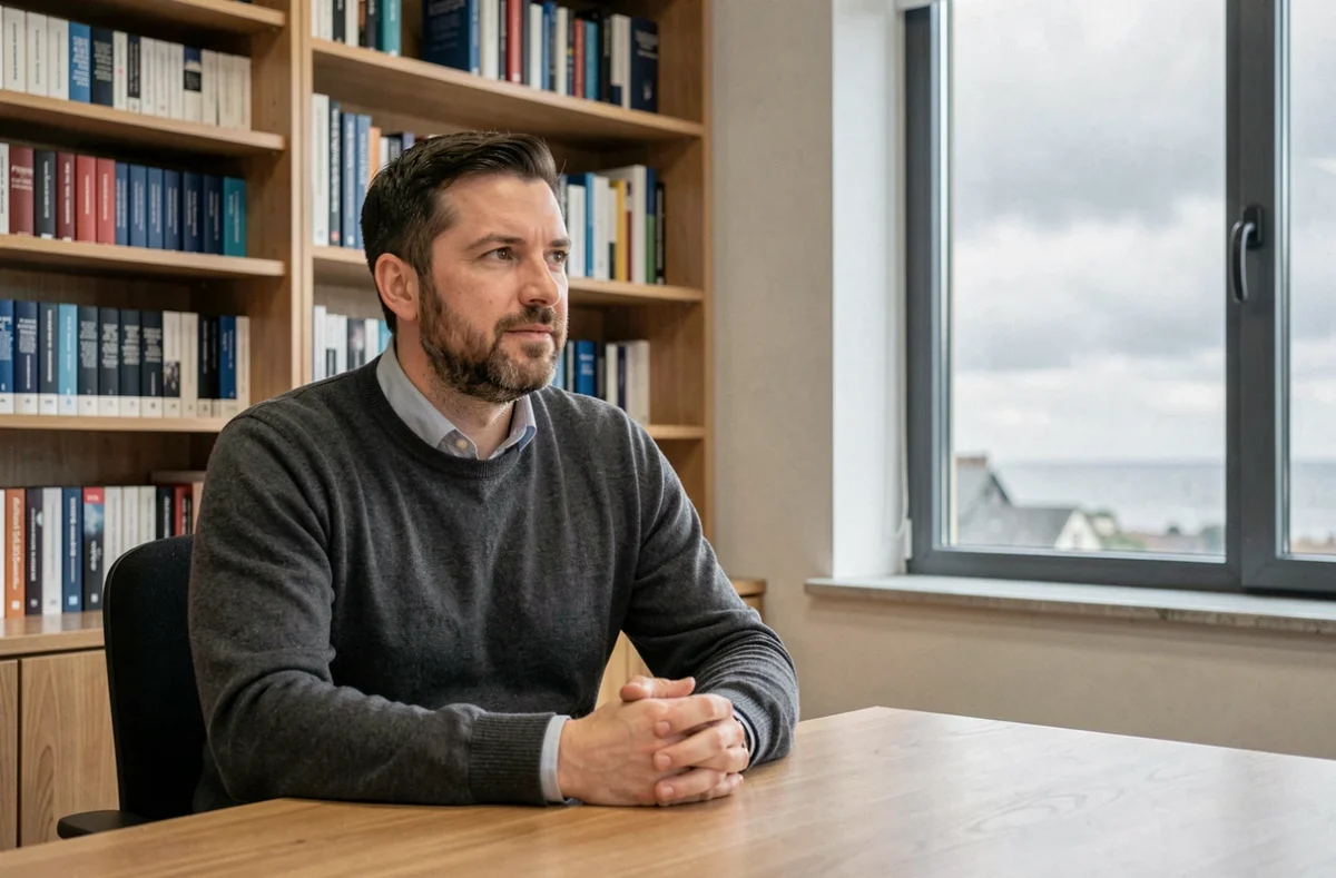 Psychologue clinicien à Brest assis à son bureau dans un cabinet professionnel, représentant William Grognier